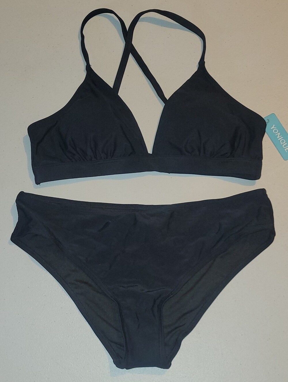 Yonique Black Crisscross Back,  Fill Coverage Bikini Set, L